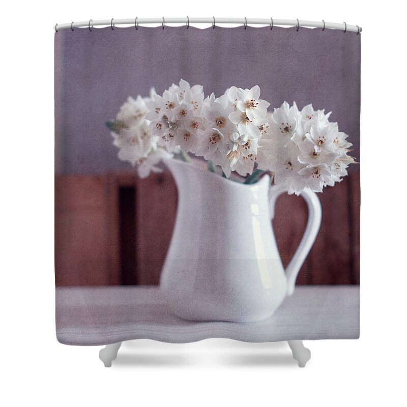 Fragility Shower Curtain featuring the photograph White Flowers In White Pitcher by Copyright Anna Nemoy(xaomena)