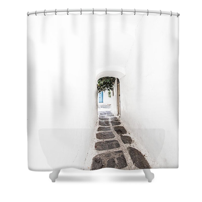 Mykonos Shower Curtain featuring the photograph White Mykonian Corridor by Hakon Soreide
