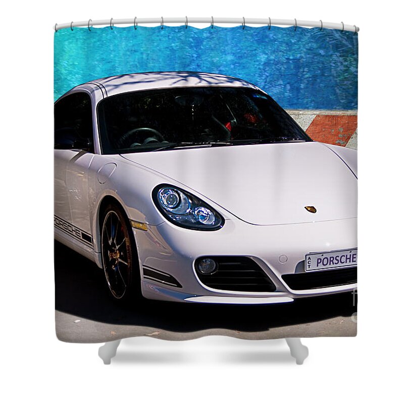 White Shower Curtain featuring the photograph White Porsche Cayman by Stuart Row