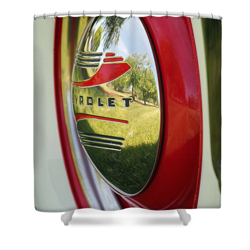 1946 Chevy Pickup Hubcap Shower Curtain featuring the photograph White Sidewalls on Chevy by E Faithe Lester