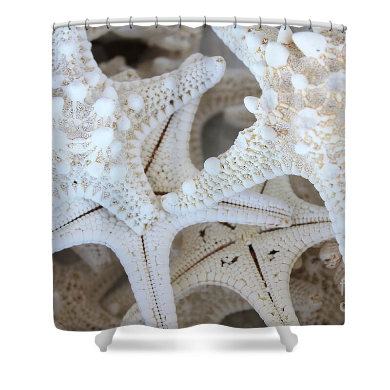 White Shower Curtain featuring the photograph White Starfish by Carol Groenen