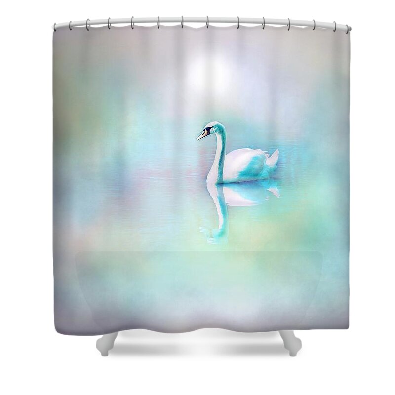 White Swan Shower Curtain featuring the digital art White Swan in the fog by Lilia D
