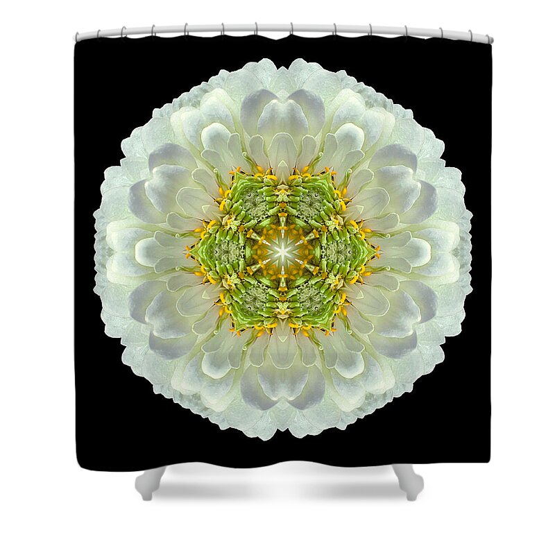 Flower Shower Curtain featuring the photograph White Zinnia Elegans V Flower Mandala by David J Bookbinder