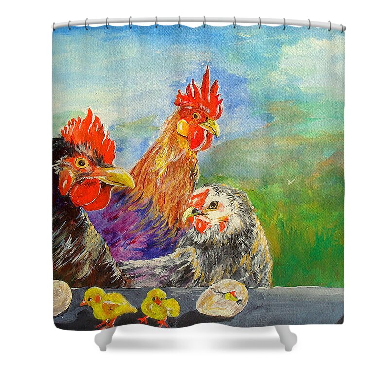 Original Chicken Painting Shower Curtain featuring the painting Whose Egg isThat by Cheryl Nancy Ann Gordon