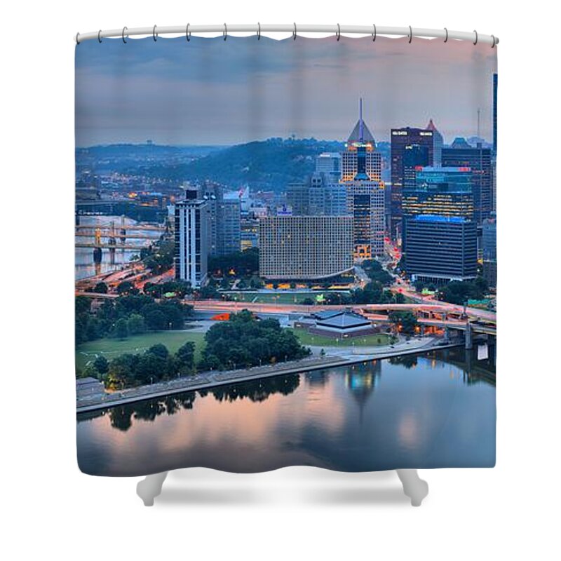 Pittsburgh Shower Curtain featuring the photograph Wide Angle Pittsburgh Sunrise by Adam Jewell