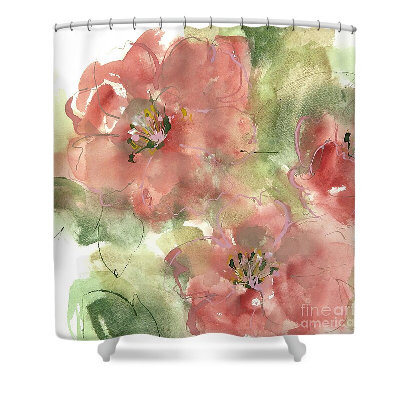 Original Watercolors Shower Curtain featuring the painting Wild Camellia 1 by Chris Paschke