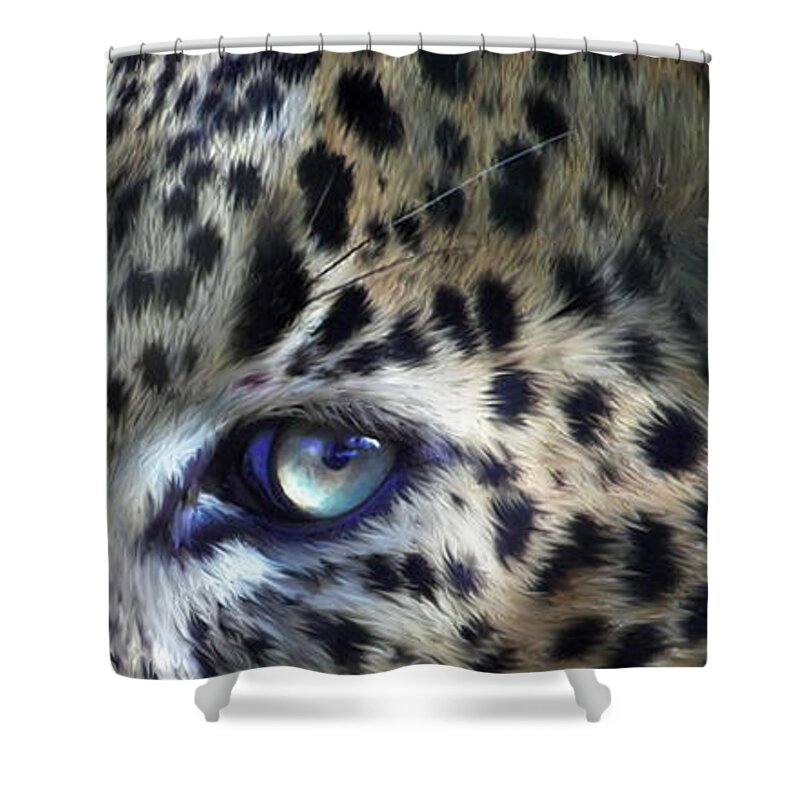 Leopard Shower Curtain featuring the mixed media Wild Eyes - Leopard Moon by Carol Cavalaris