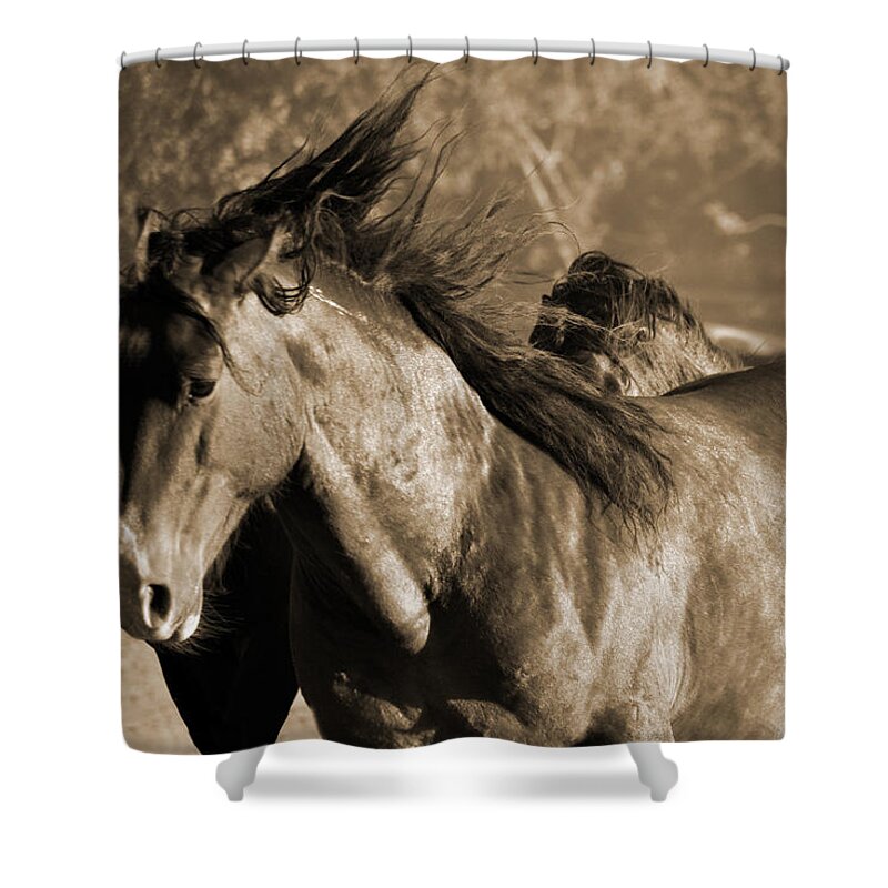 Rtf Ranch Shower Curtain featuring the photograph Wild Horse Stampede Sepia by Heather Kirk