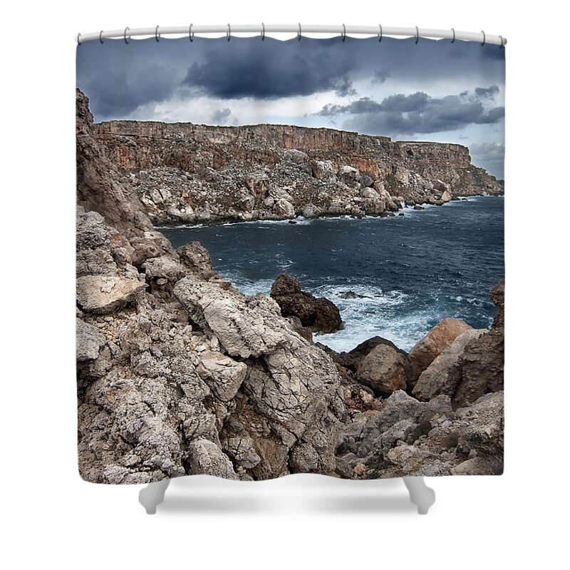 Abstract Shower Curtain featuring the photograph Wild Rocks North coast in Menorca show us an agrest and wild landscape by Pedro Cardona Llambias