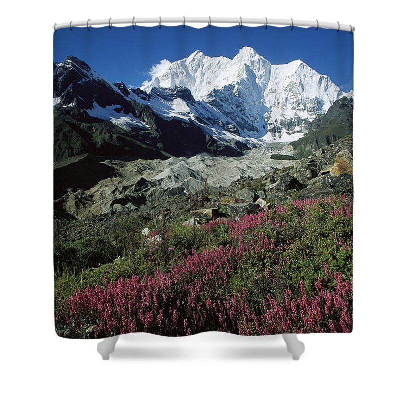 Feb0514 Shower Curtain featuring the photograph Wildflowers And Kangshung Glacier by Colin Monteath