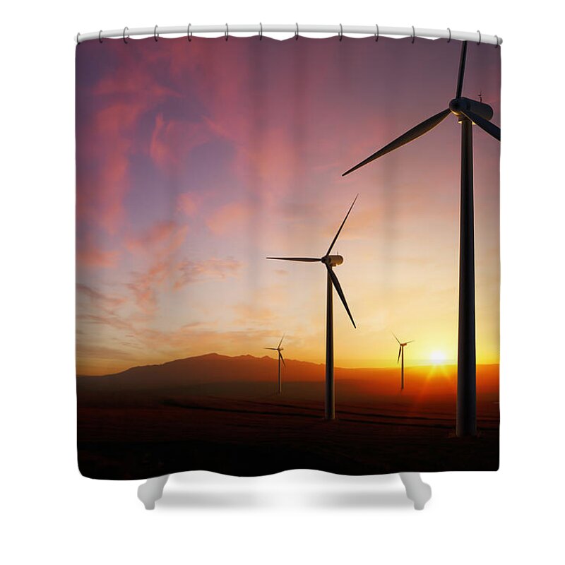 Wind Shower Curtain featuring the photograph Wind Turbines at sunset by Johan Swanepoel