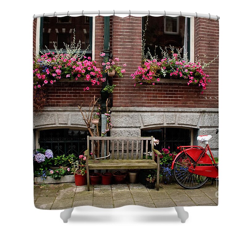 Amsterdam Shower Curtain featuring the photograph Window box bicycle and bench -- Amsterdam by Thomas Marchessault