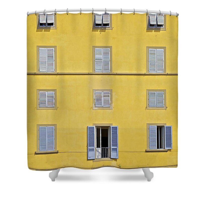Balcony Shower Curtain featuring the photograph Windows of Florence Against a Faded Yellow Plaster Wall by David Letts