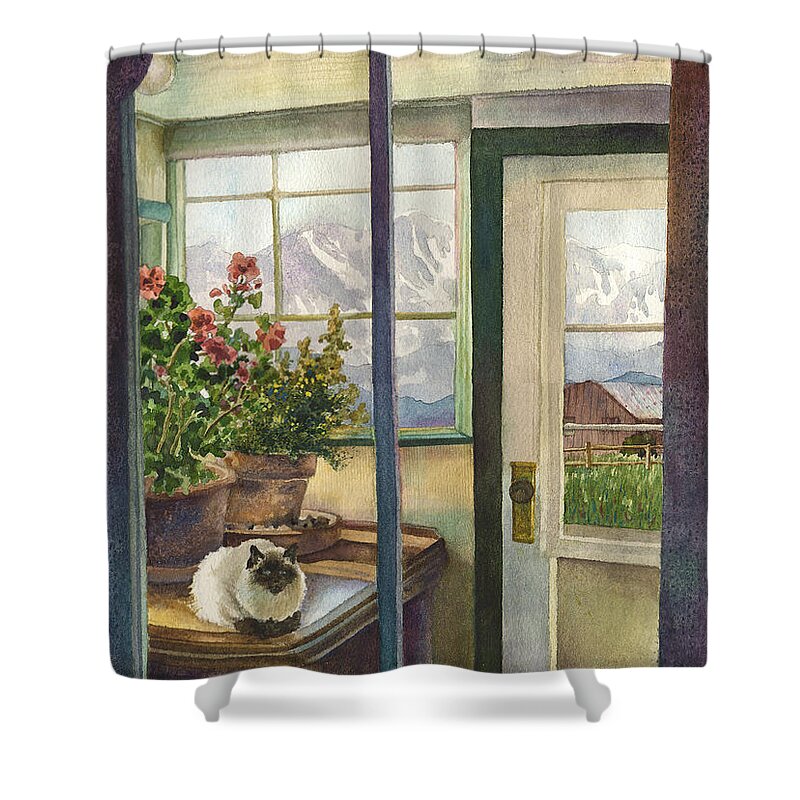Window Painting Shower Curtain featuring the painting Windows to the World by Anne Gifford