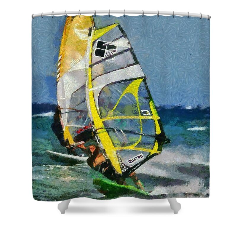 Windsurfing Shower Curtain featuring the painting Windsurfing by George Atsametakis