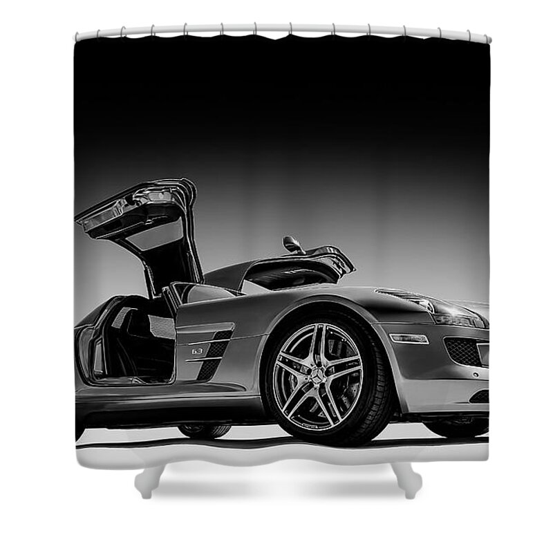 Mercedes Shower Curtain featuring the digital art Mercedes-Benz SLS AMG by Douglas Pittman