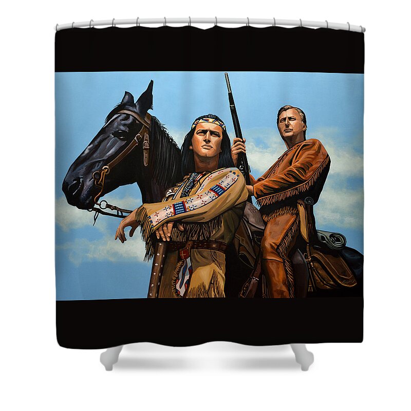 Winnetou Shower Curtain featuring the painting Winnetou and Old Shatterhand by Paul Meijering