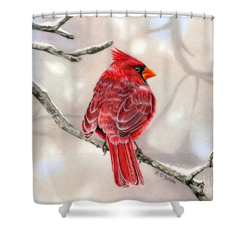 Cardinal Shower Curtain featuring the painting Winter Cardinal by Sarah Batalka