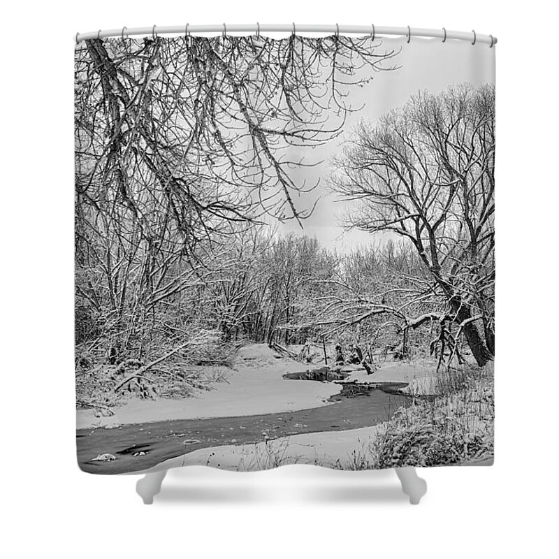 Winter Shower Curtain featuring the photograph Winter Creek in Black and White by James BO Insogna