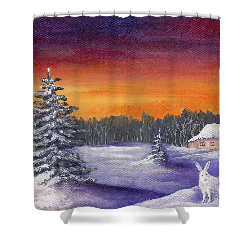 Winter Shower Curtain featuring the painting Winter Hare Visit by Anastasiya Malakhova