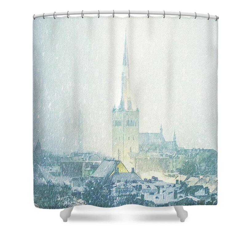 Snow Shower Curtain featuring the photograph Winter In Old Town by Peeterv