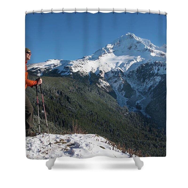 Scenics Shower Curtain featuring the photograph Winter Mountain Hiker by Thinair28