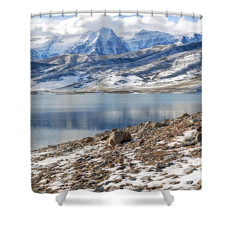 Mount Timpanogos Shower Curtain featuring the photograph Winter Mt. Timpanogos and Deer Creek Reservoir by Gary Whitton