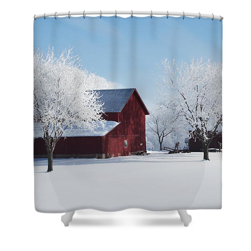 Farm Shower Curtain featuring the painting Winter Wonderland Red Barn Digital Painting by Robyn Saunders