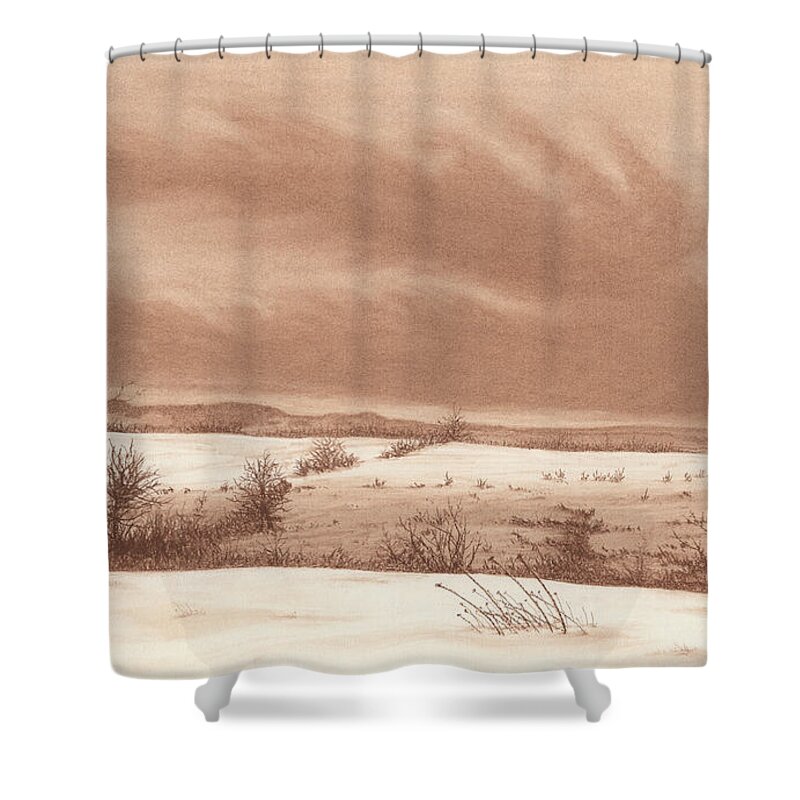 Landscape Shower Curtain featuring the painting Wintry Meadow by Peter Rashford