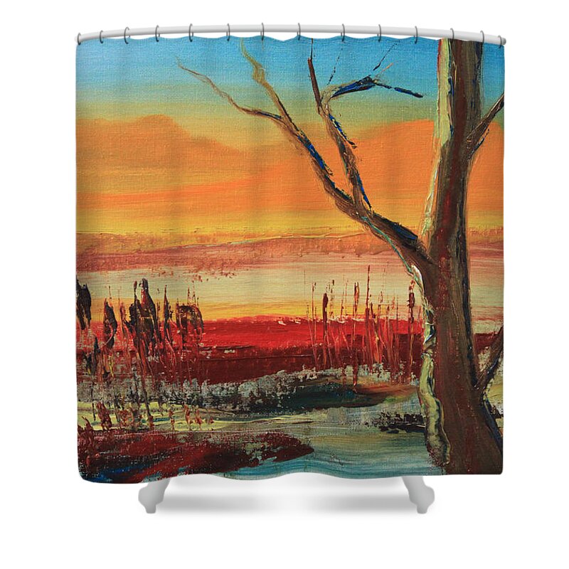 Landscape Shower Curtain featuring the painting Withered Tree by Remegio Onia