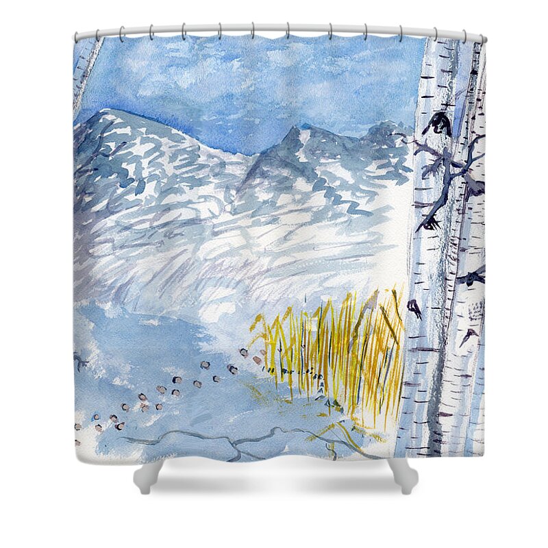 Winter #blue Blue Victor Vosen Watercolor Birch Trees Snow Ice Landscape Shower Curtain featuring the painting Without Borders by Victor Vosen