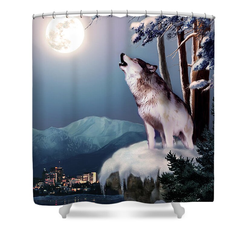 Wildlife Howling Wolf And Skyline Anchorage Print Shower Curtain featuring the painting Wolf on the Doorstep of Civilization by Regina Femrite