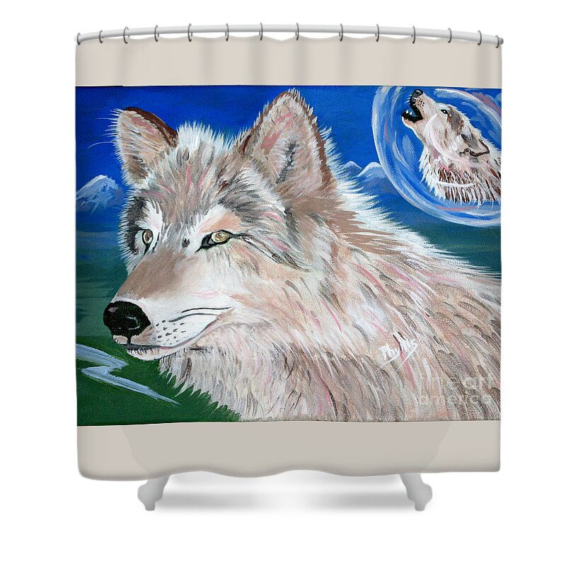 2 Wolves Shower Curtain featuring the painting Wolves by Phyllis Kaltenbach