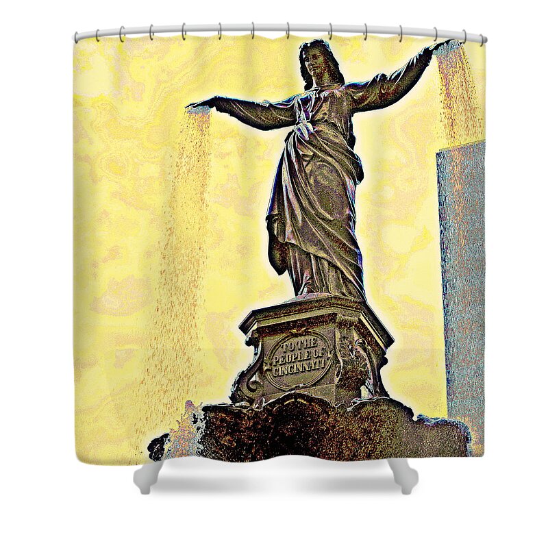Fountain Square Shower Curtain featuring the photograph Woman and Flowing Water Sculpture at Fountain Square by Kathy Barney