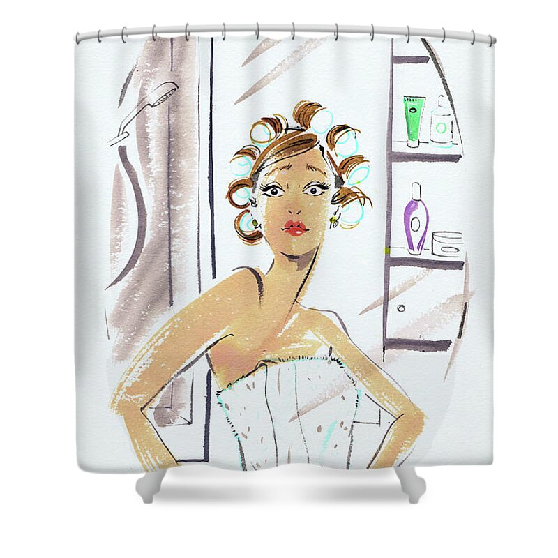 20-24 Years Shower Curtain featuring the painting Woman In Curlers And Towel Looking by Ikon Images