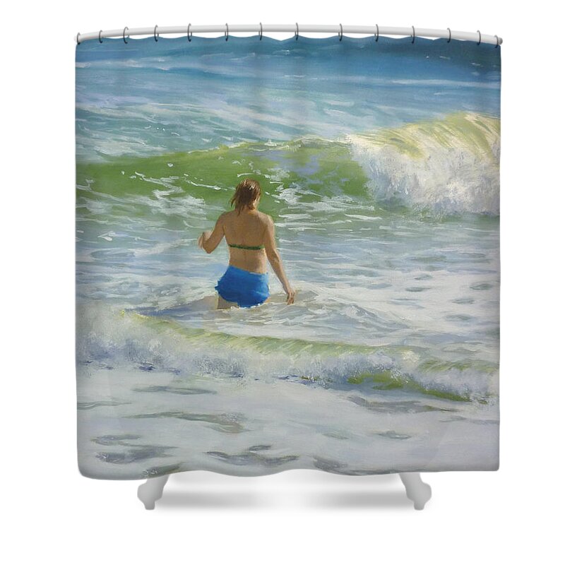 Woman Shower Curtain featuring the painting Woman in the waves by Ellen Paull