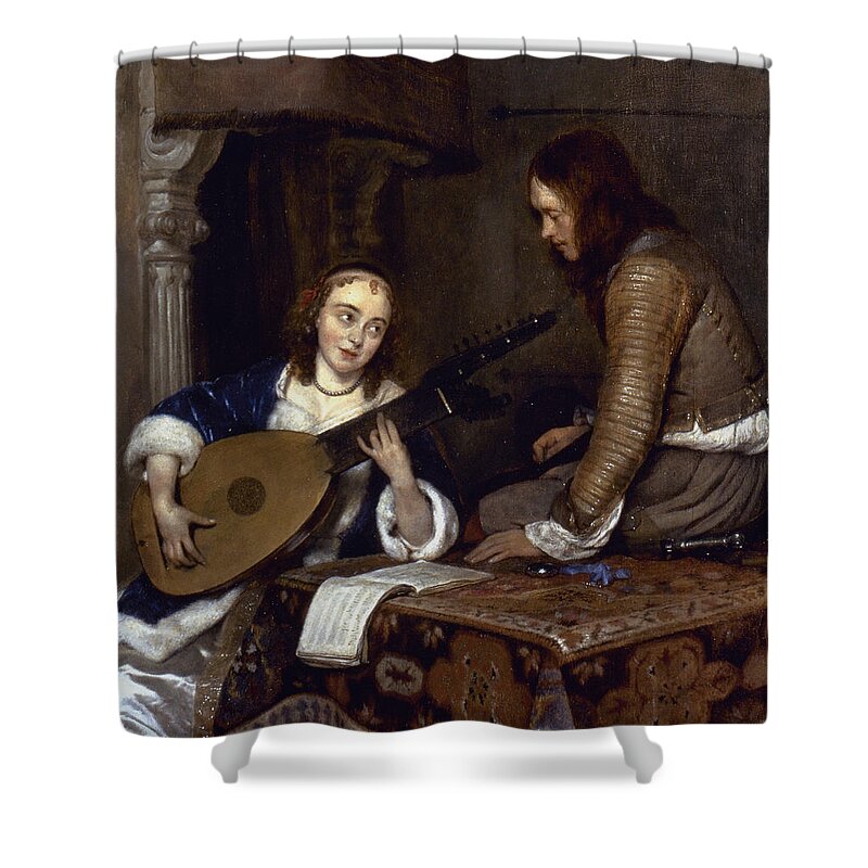 Borch Shower Curtain featuring the painting Woman Playing A Theorbo by Granger