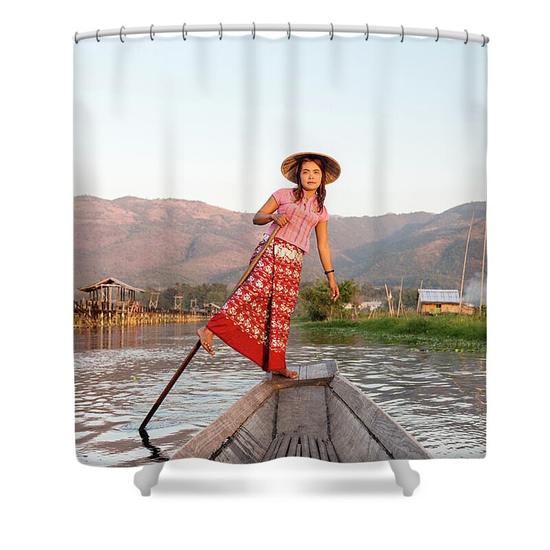People Shower Curtain featuring the photograph Woman Rowing Boat Through Floating by Martin Puddy