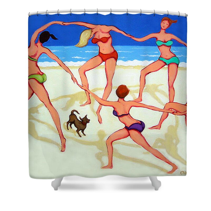 Women Dancing On Beach Shower Curtain featuring the painting Women Dancing on Beach - Happy Dance by Rebecca Korpita