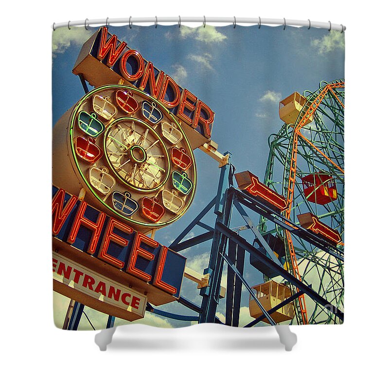 Wonder Wheel Shower Curtain featuring the digital art Wonder Wheel - Coney Island by Carrie Zahniser