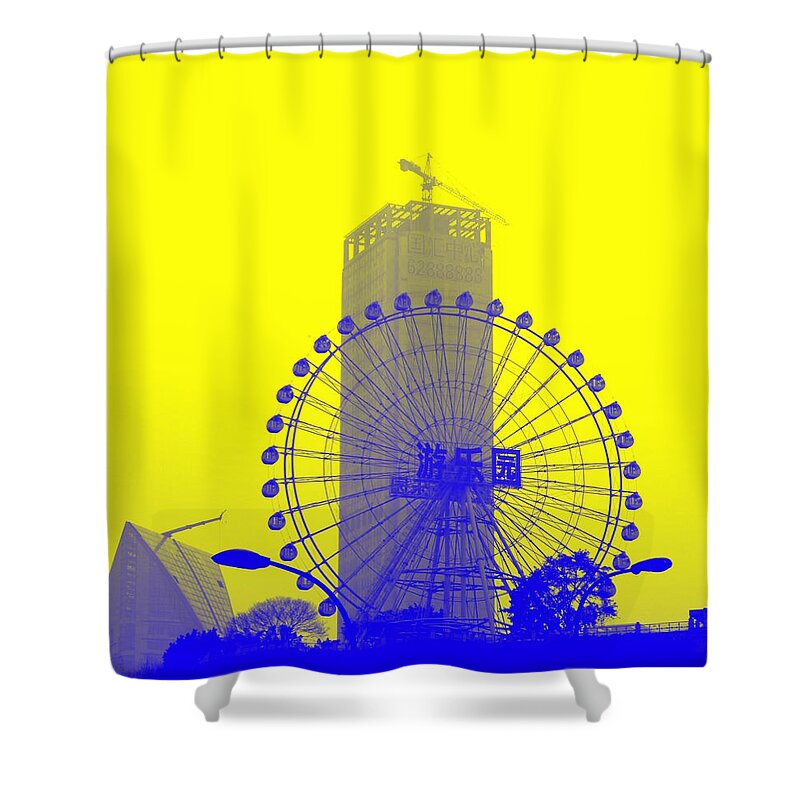 Wonder Shower Curtain featuring the photograph WonderWheel in Blue and Yellow by Valentino Visentini