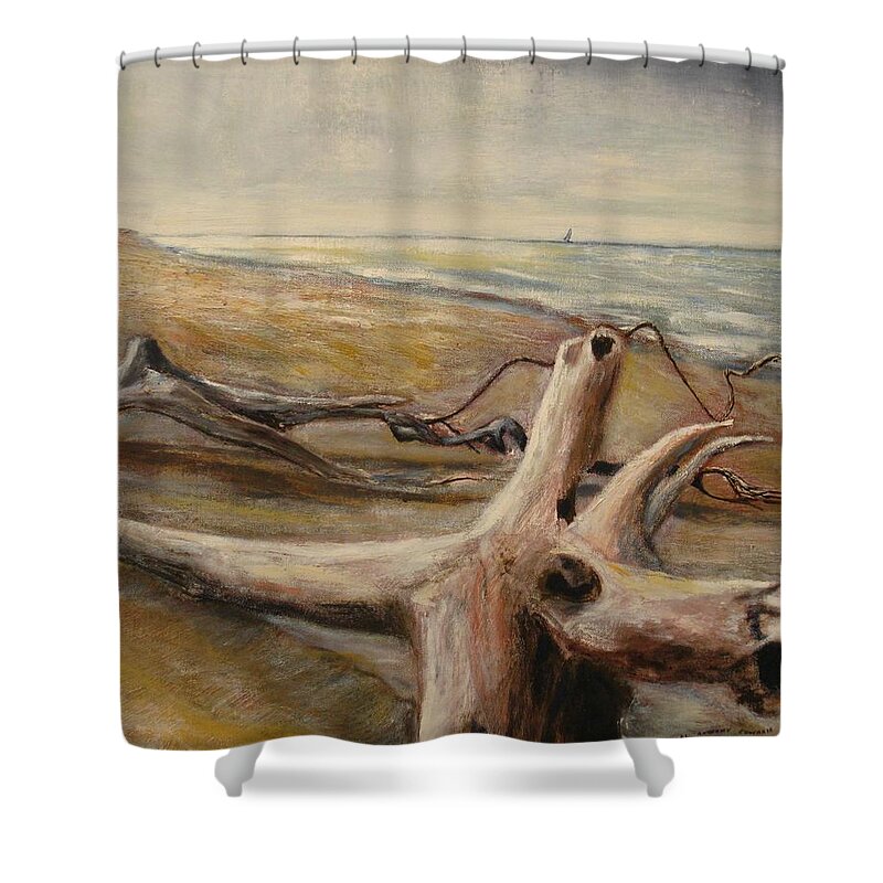 Scenery Shower Curtain featuring the painting Wood Sand Water and Sky by Michael Anthony Edwards