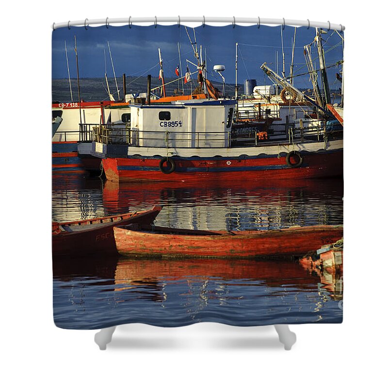 Chile Shower Curtain featuring the photograph Wooden Fishing Boats Docked In Chile by John Shaw