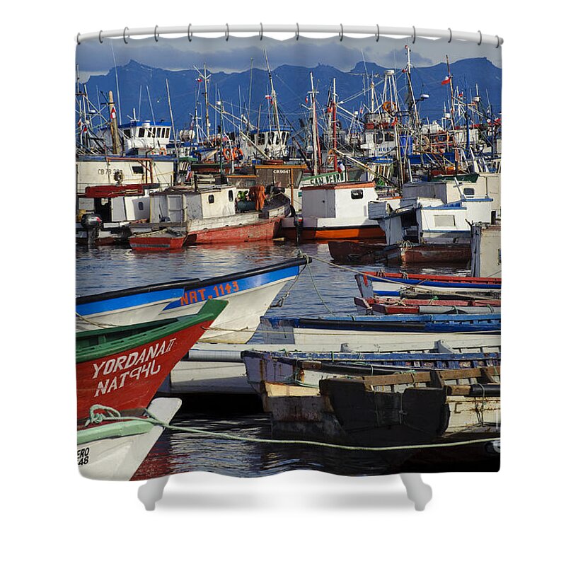 Chile Shower Curtain featuring the photograph Wooden Fishing Boats In Harbor, Chile by John Shaw