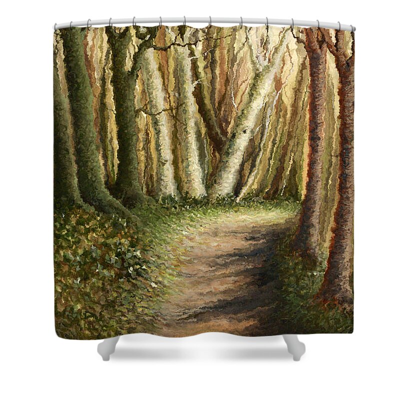Woodland Shower Curtain featuring the painting Woodland Walk by Deborah Runham