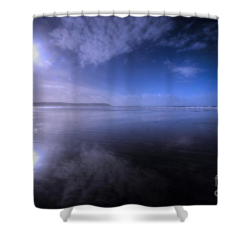 Woolacombe Shower Curtain featuring the photograph Woolacombe Beach in Blue by Rob Hawkins