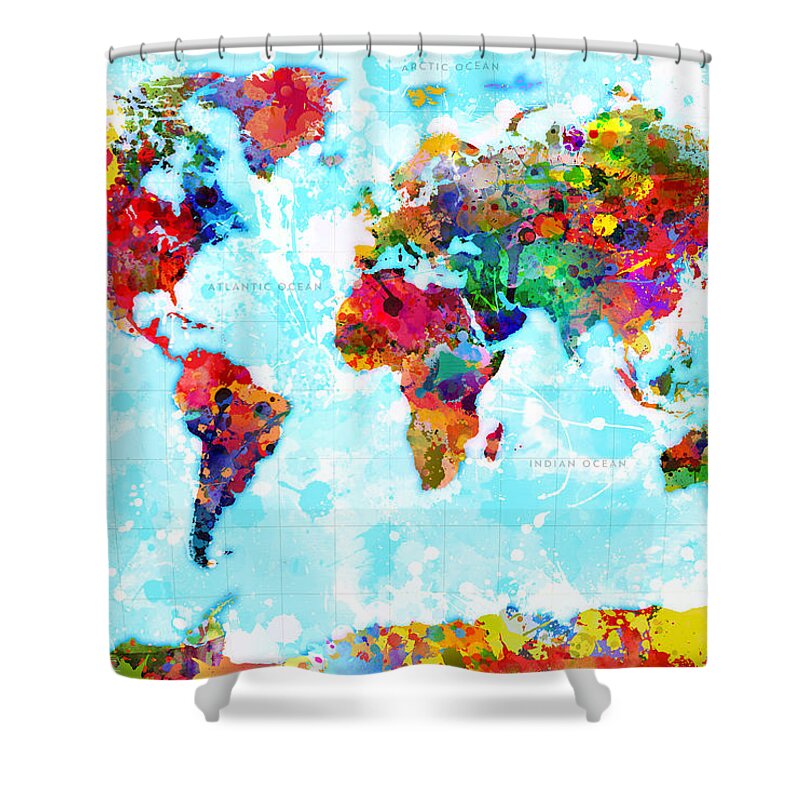 World Shower Curtain featuring the digital art World Map Spattered Paint by Gary Grayson