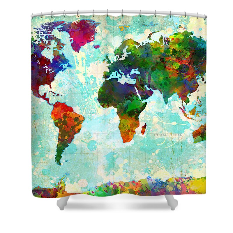 Map Of The World Shower Curtain featuring the painting World Map Splatter design by Gary Grayson