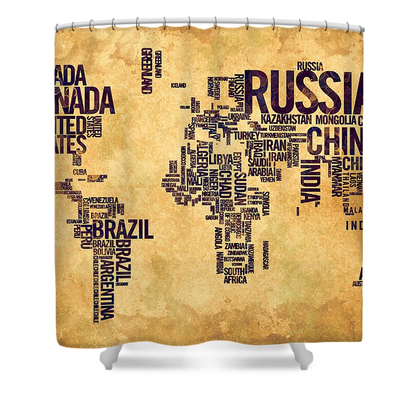 World Map Shower Curtain featuring the painting World Map Typography 6 Watercolor Painting by Georgeta Blanaru