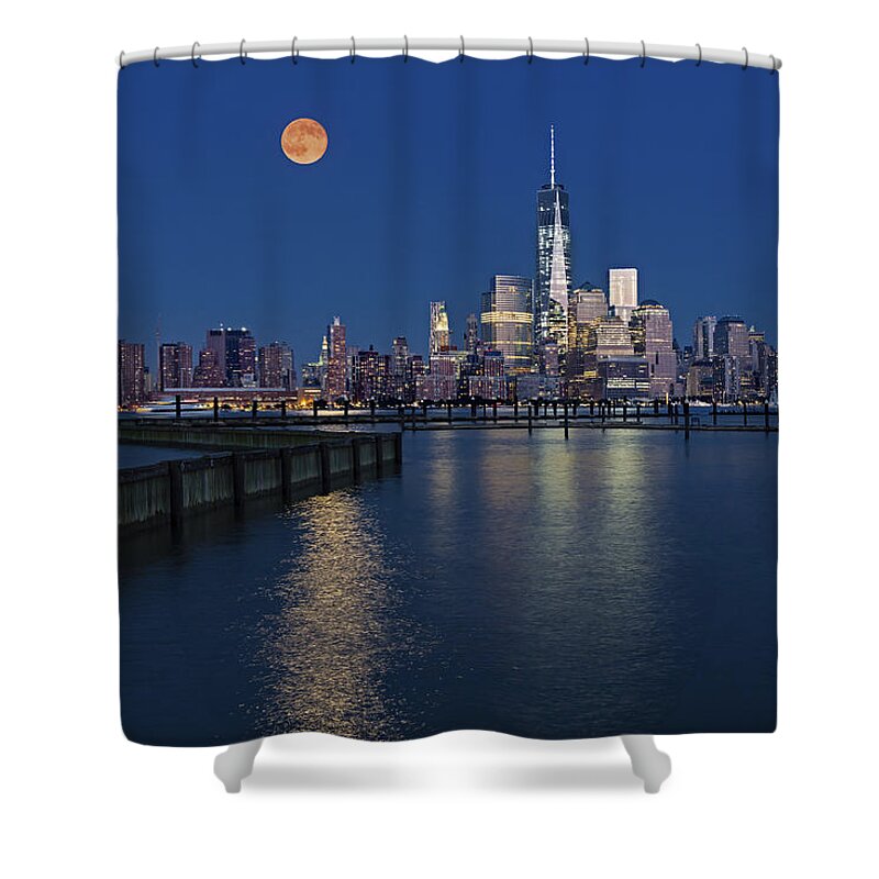 World Trade Center Shower Curtain featuring the photograph World Trade Center Super Moon by Susan Candelario